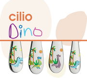 Kinderbesteck DINO 4-tlg. mit bunten Dinosauriermotiven auf den Griffen, Vorderansicht