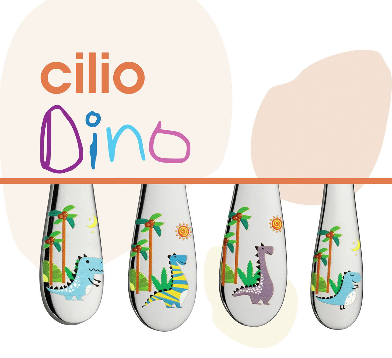 Kinderbesteck DINO 4-tlg. mit bunten Dinosauriermotiven auf den Griffen, Vorderansicht