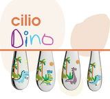 Kinderbesteck DINO 4-tlg. mit bunten Dinosauriermotiven auf den Griffen, Vorderansicht