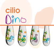 Kinderbesteck DINO 4-tlg. mit bunten Dinosauriermotiven auf den Griffen, Vorderansicht
