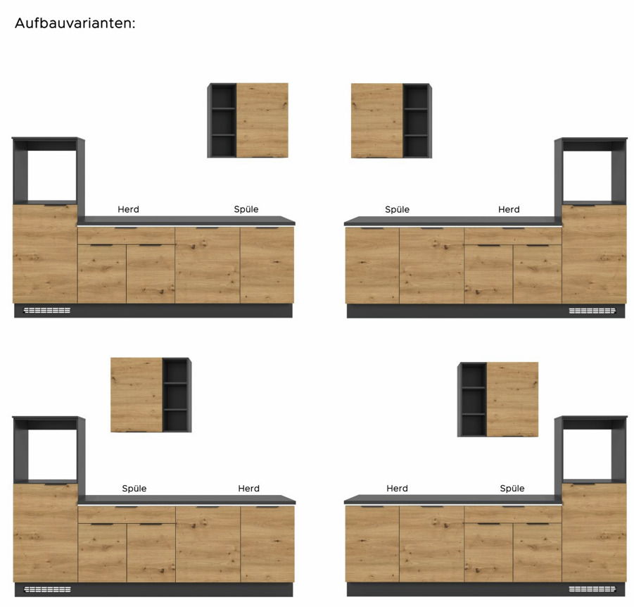 Küchenblock 260 in Holzoptik mit grauen Akzenten, verschiedene Aufbauvarianten, Frontansicht