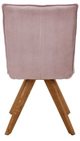 Rückansicht eines Stuhls mit rosa, geripptem Stoffbezug und Holzbeinen