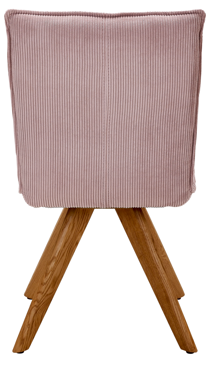 Johann Jakob Stuhl CALAS Rückansicht eines Stuhls mit rosa, geripptem Stoffbezug und Holzbeinen