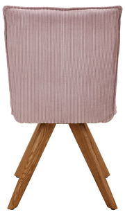 Rückansicht eines Stuhls mit rosa, geripptem Stoffbezug und Holzbeinen