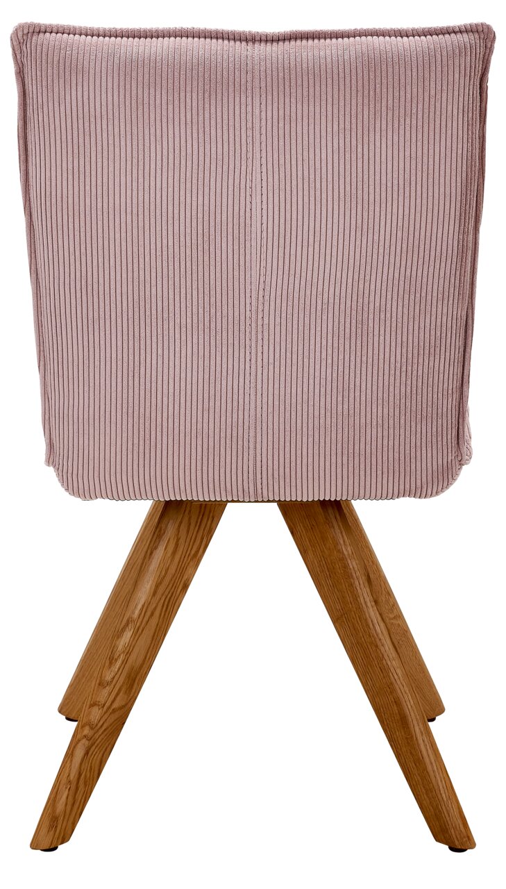 Rückansicht eines Stuhls mit rosa, geripptem Stoffbezug und Holzbeinen