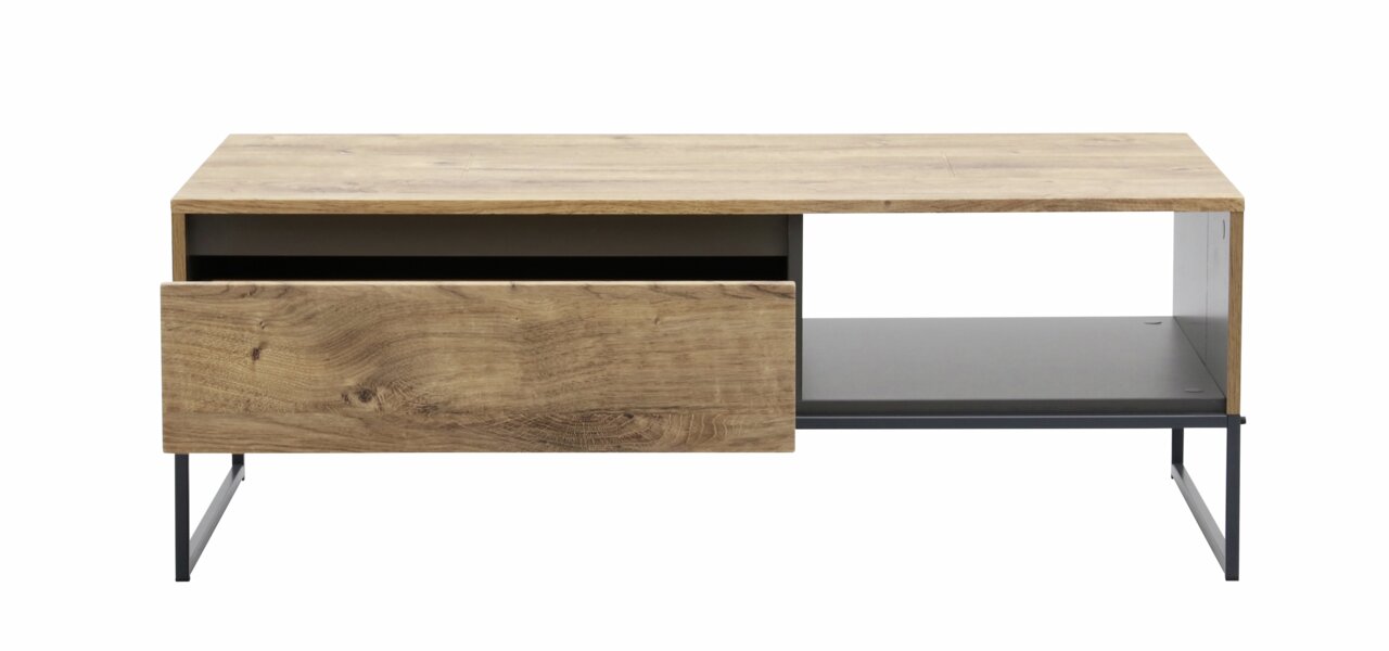 Moderner Couchtisch aus Holz mit Metallgestell, Frontansicht