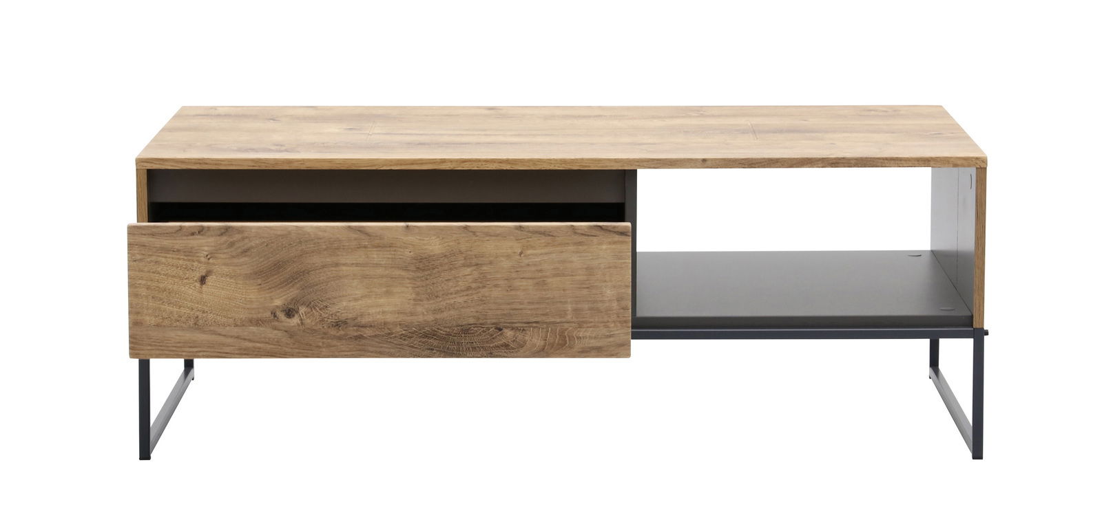 Moderner Couchtisch aus Holz mit Metallgestell, Frontansicht