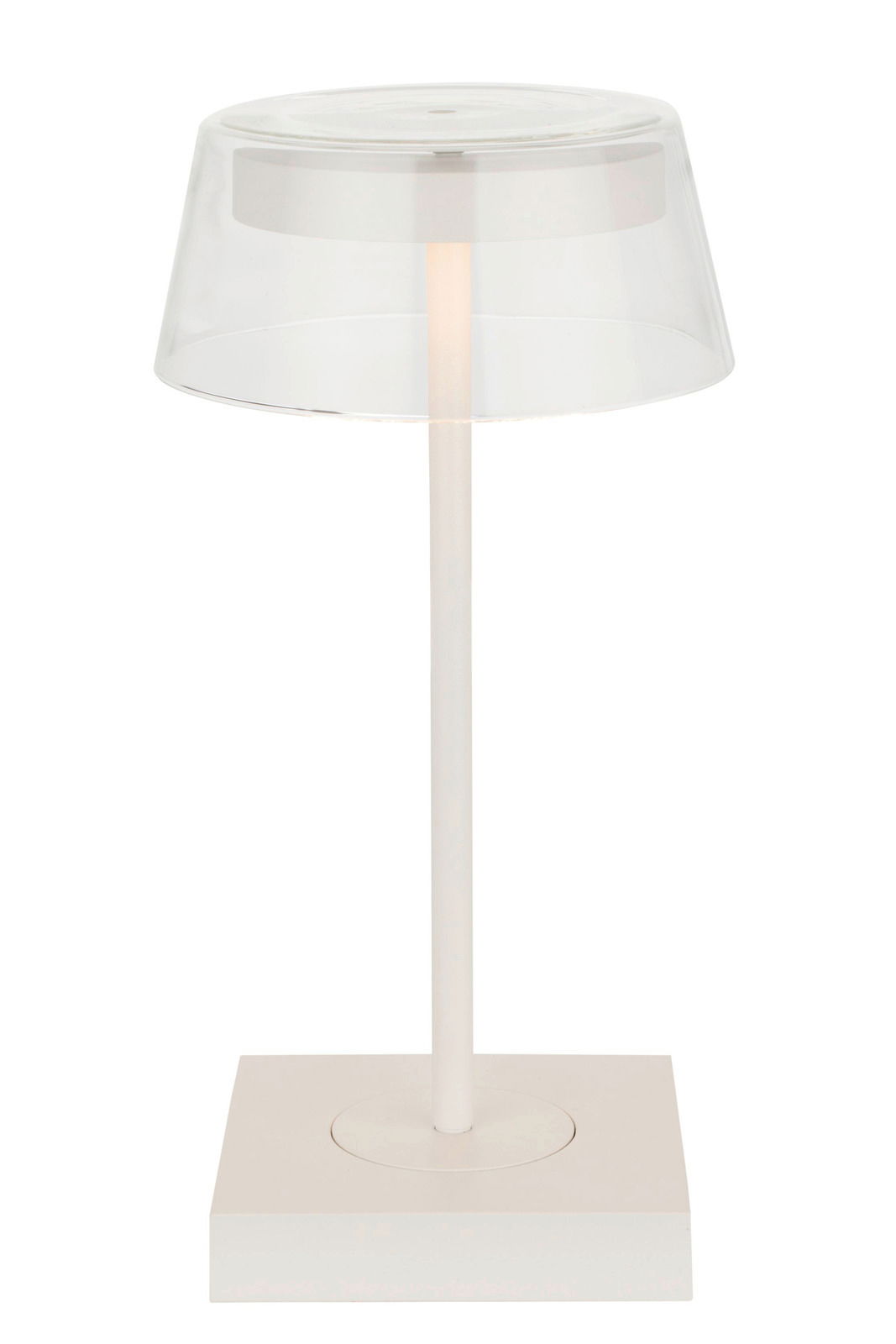 Moderne Akku-Tischleuchte mit transparentem Schirm und weißem Sockel, seitliche Perspektive