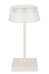Moderne Akku-Tischleuchte mit transparentem Schirm und weißem Sockel, seitliche Perspektive