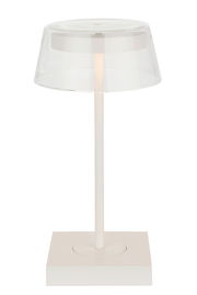 Moderne Akku-Tischleuchte mit transparentem Schirm und weißem Sockel, seitliche Perspektive