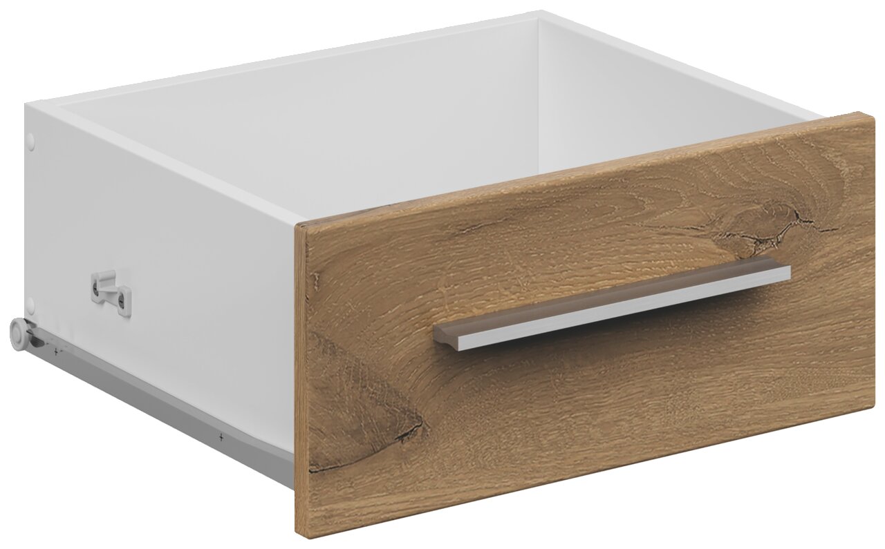 Schublade mit Holzfront und Metallgriff, seitliche Perspektive