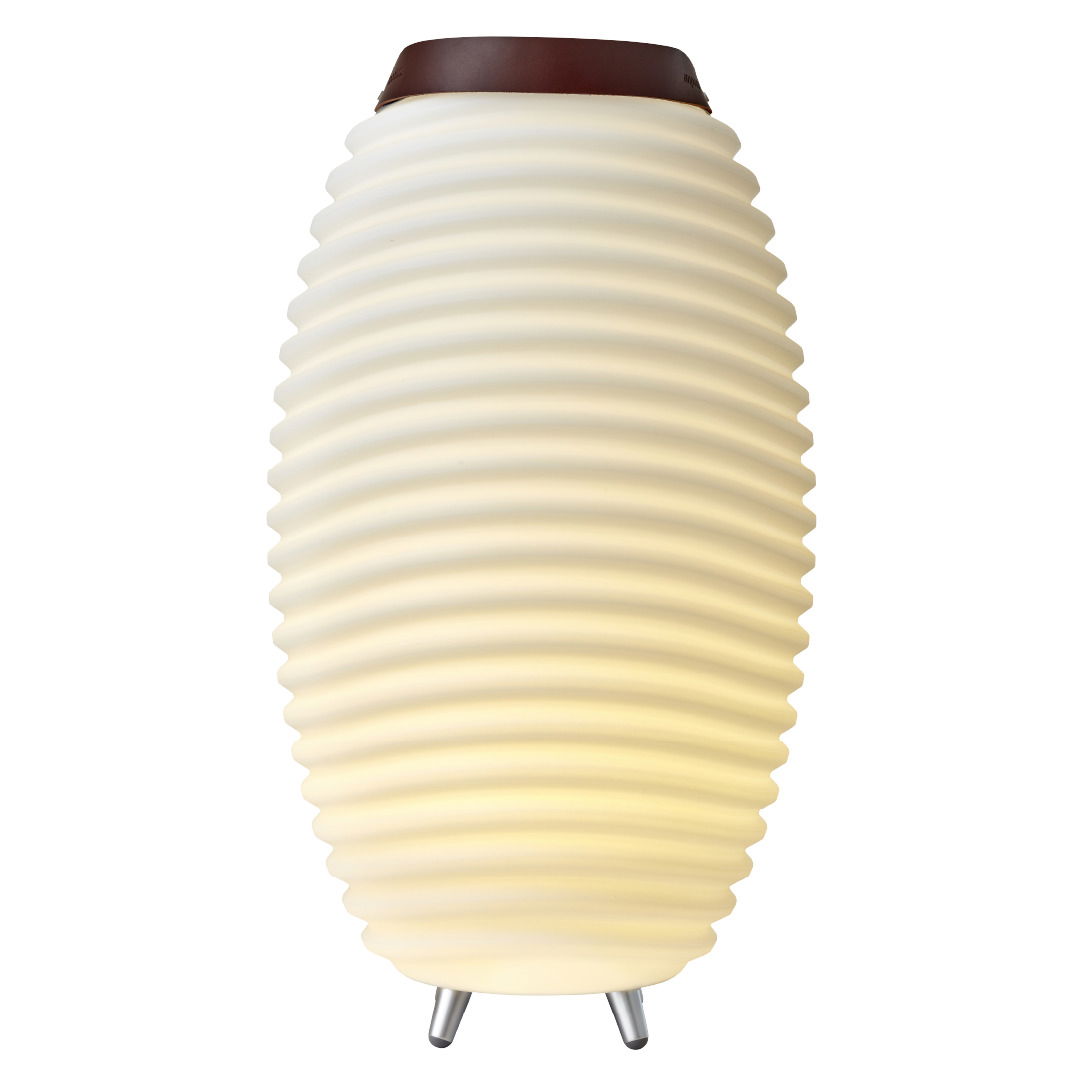 Akkubetriebene Leuchte mit Lautsprecher, geriffelte Oberfläche, seitliche Perspektive