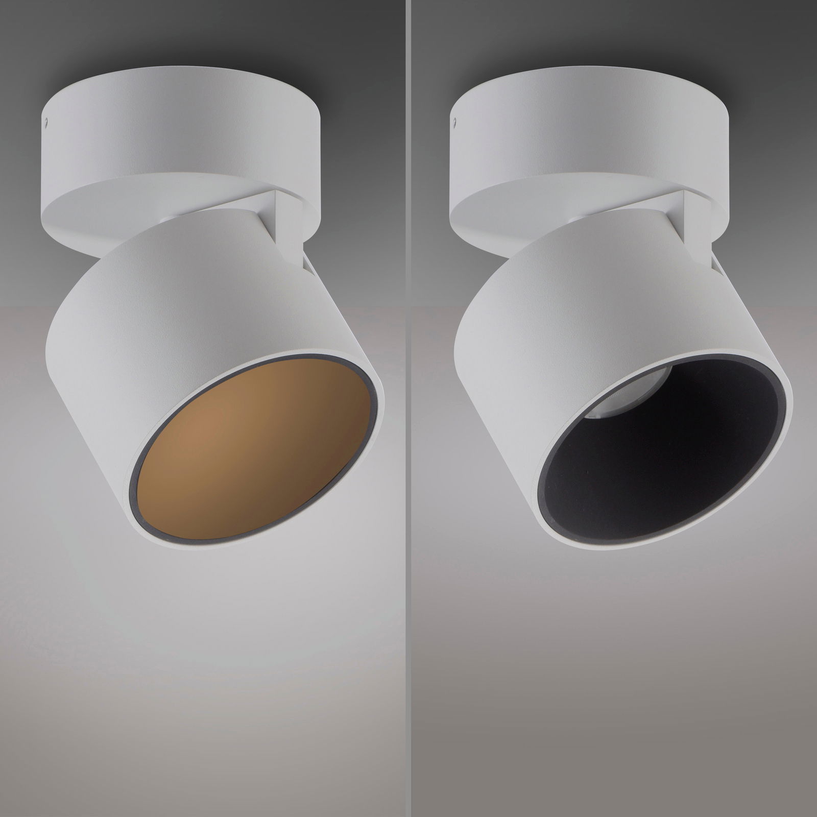 Zwei weiße LED-Spots aus der Deckenperspektive, einer mit warmem Licht und der andere mit neutralem Licht.