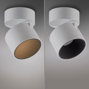 Zwei weiße LED-Spots aus der Deckenperspektive, einer mit warmem Licht und der andere mit neutralem Licht.