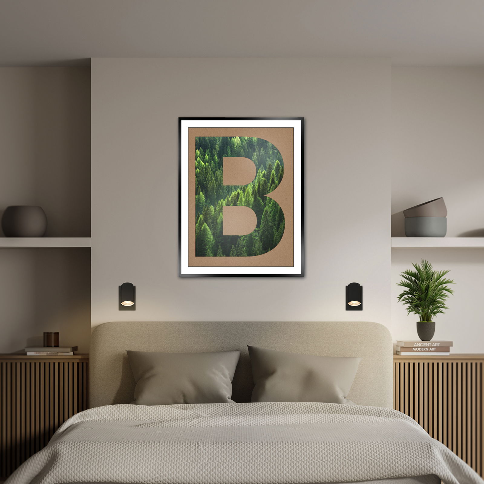 Moderne LED-Wandleuchte in einem stilvollen Schlafzimmer, frontal betrachtet, mit einem gerahmten Bild und Pflanzen im Hintergrund.