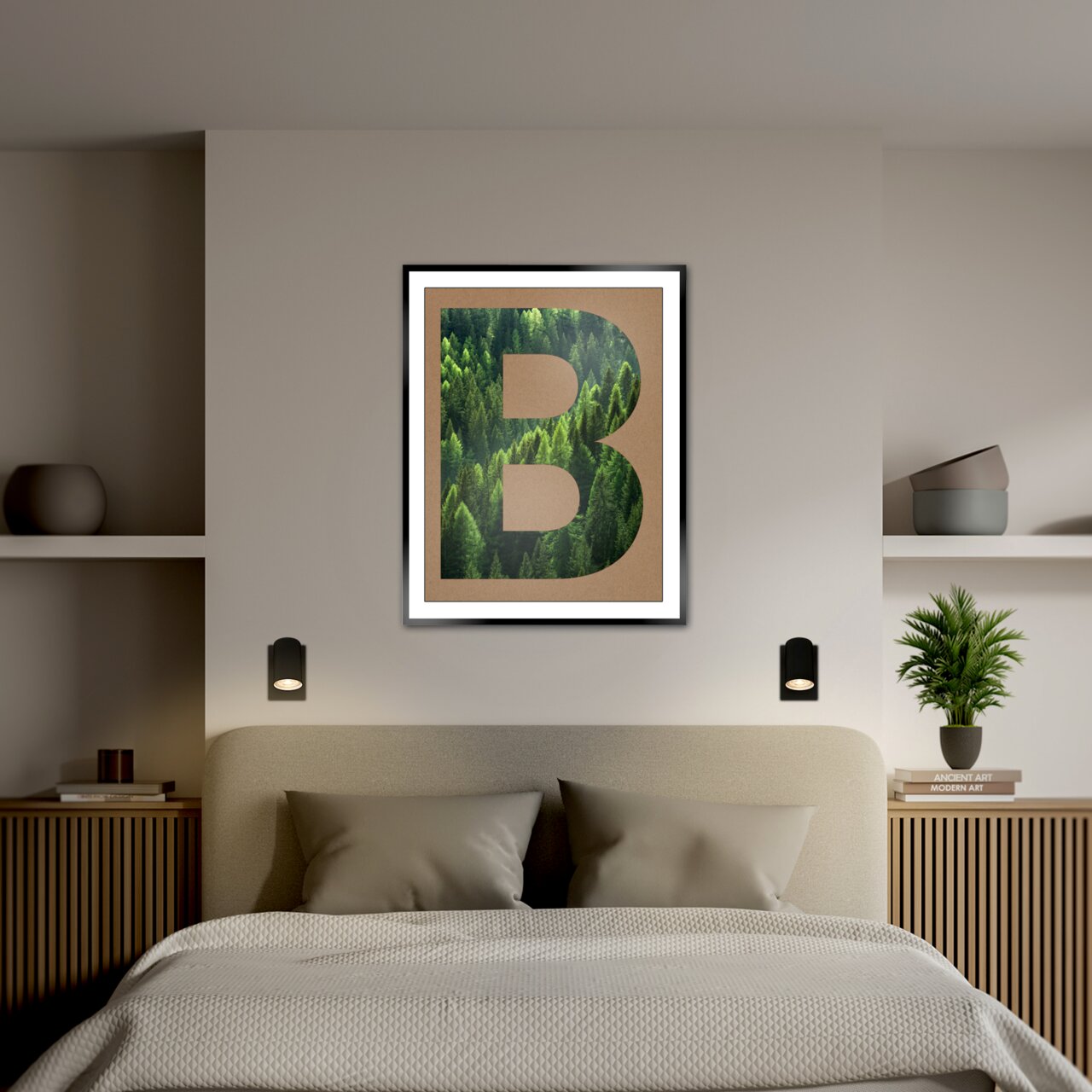 Moderne LED-Wandleuchte in einem stilvollen Schlafzimmer, frontal betrachtet, mit einem gerahmten Bild und Pflanzen im Hintergrund.