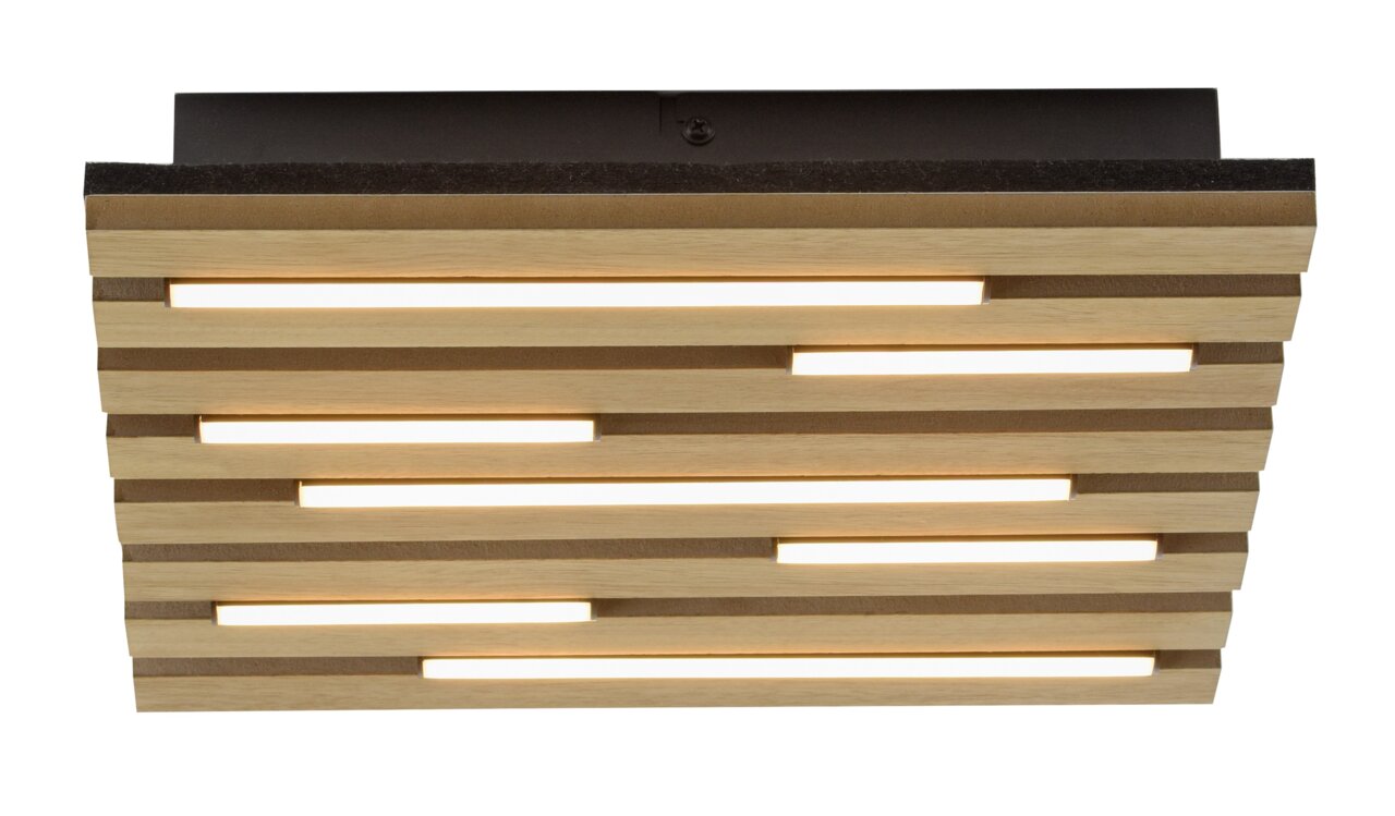 Moderne Deckenleuchte aus Holz mit horizontalen Streifen, Ansicht von unten