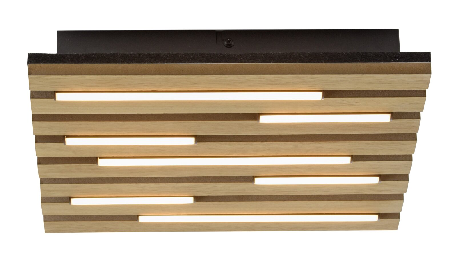 Moderne plafondlamp van hout met horizontale strepen, gezien van onderaf