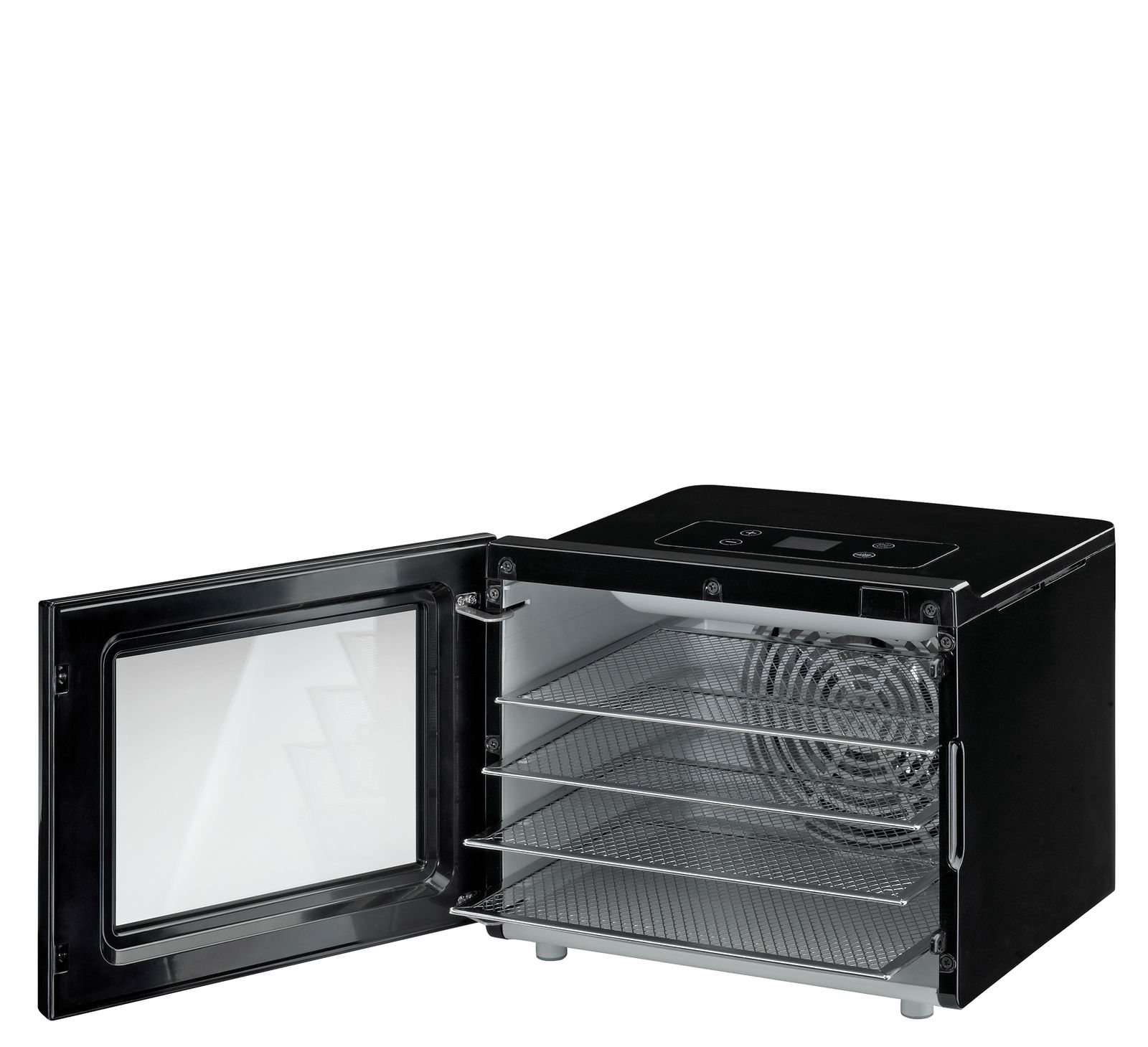 Dörrautomat Basic Elektro Line mit geöffneter Tür, seitliche Perspektive, zeigt die Innenfächer und das Bedienfeld.