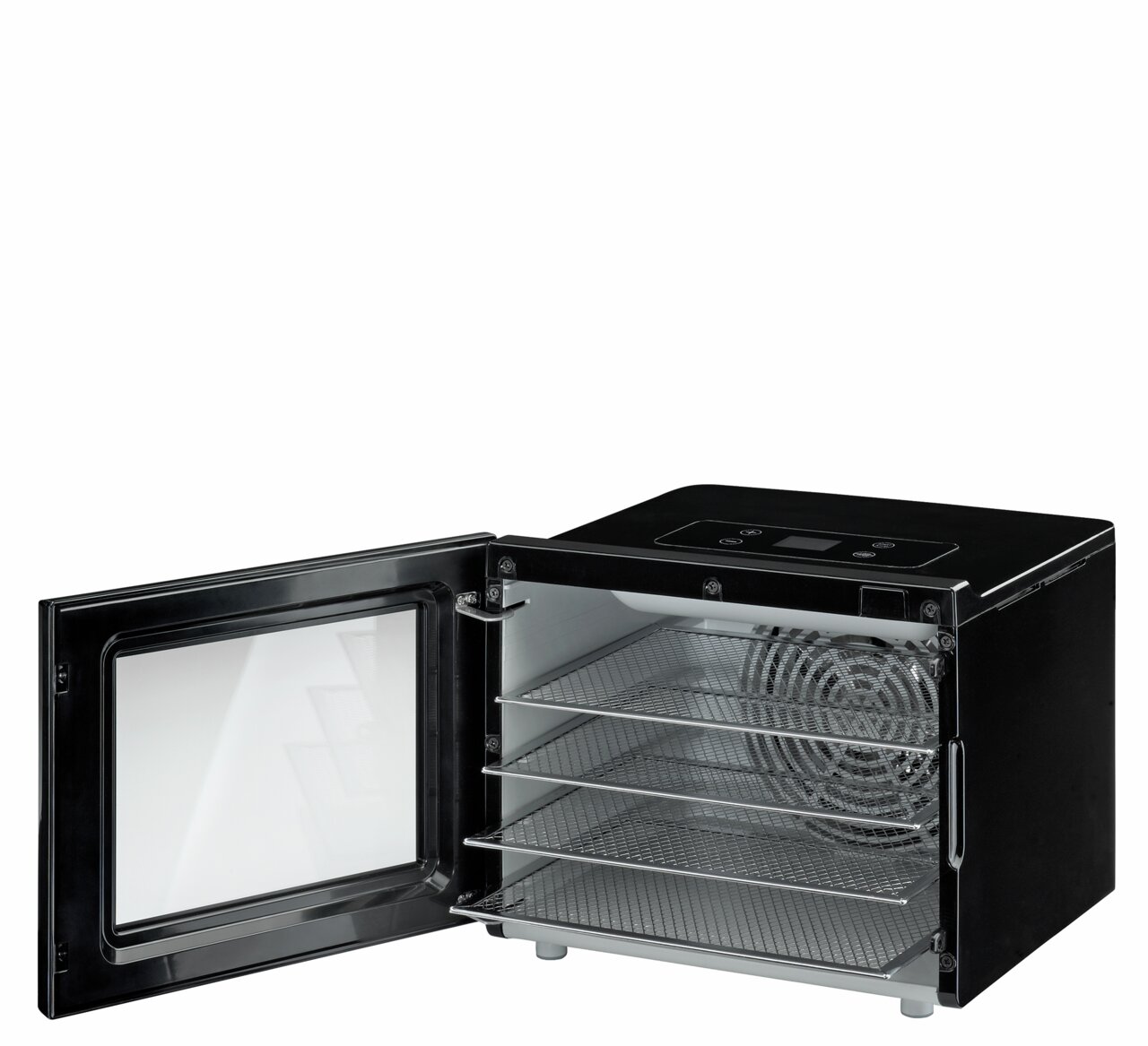 De Basic Elektro Line-dehydrator met geopende deur, zijaanzicht, toont de binnenvakken en het bedieningspaneel.