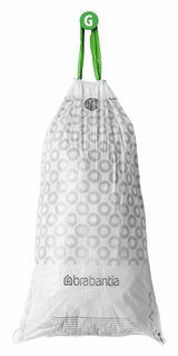 Müllbeutel von Brabantia mit grünem Zugband, frontal abgebildet.