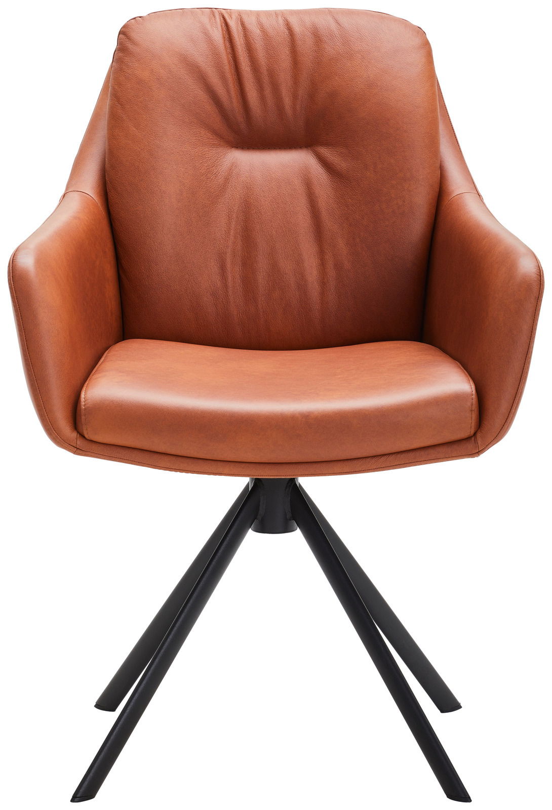 Brauner Armlehnstuhl aus Leder mit schwarzem Metallgestell, Frontalansicht