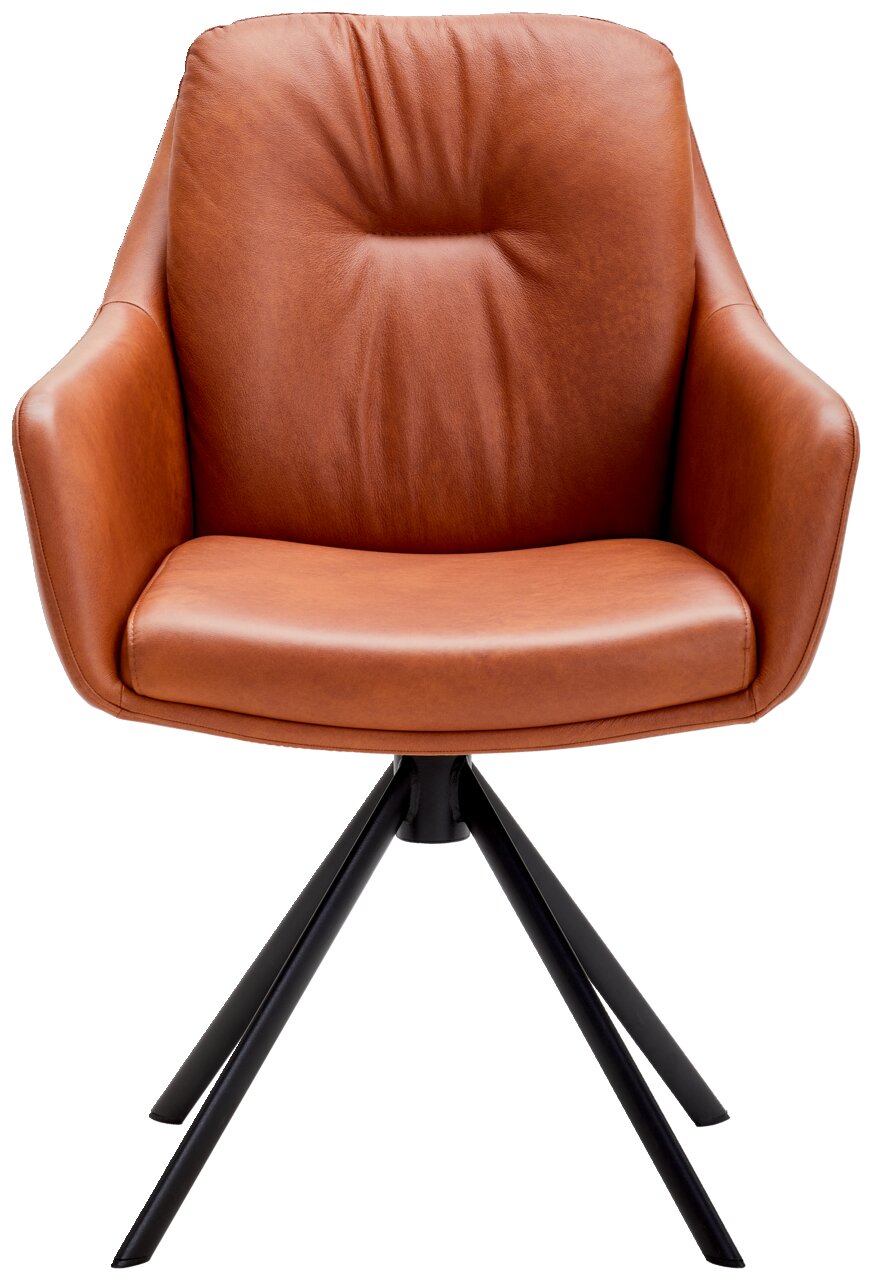 Brauner Armlehnstuhl aus Leder mit schwarzem Metallgestell, Frontalansicht