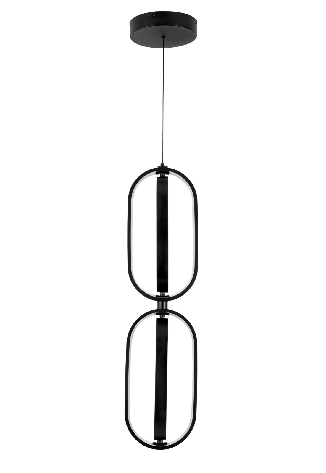 Moderne LED-Hängeleuchte in schwarzem Design mit zwei ovalen Rahmen, Ansicht von vorne.