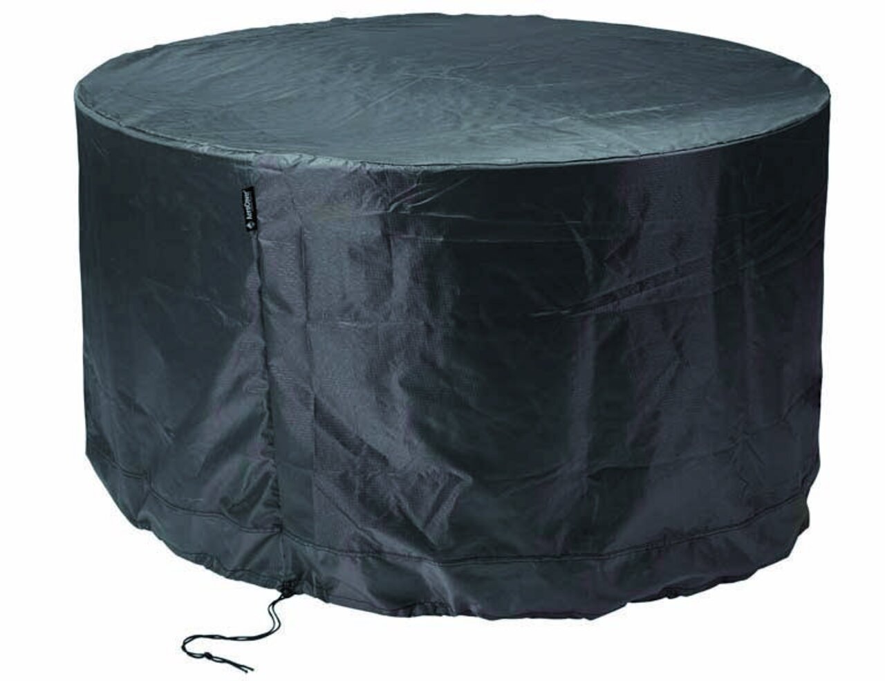 Runde, schwarze Sitzgruppenhülle aus robustem Material, seitliche Perspektive