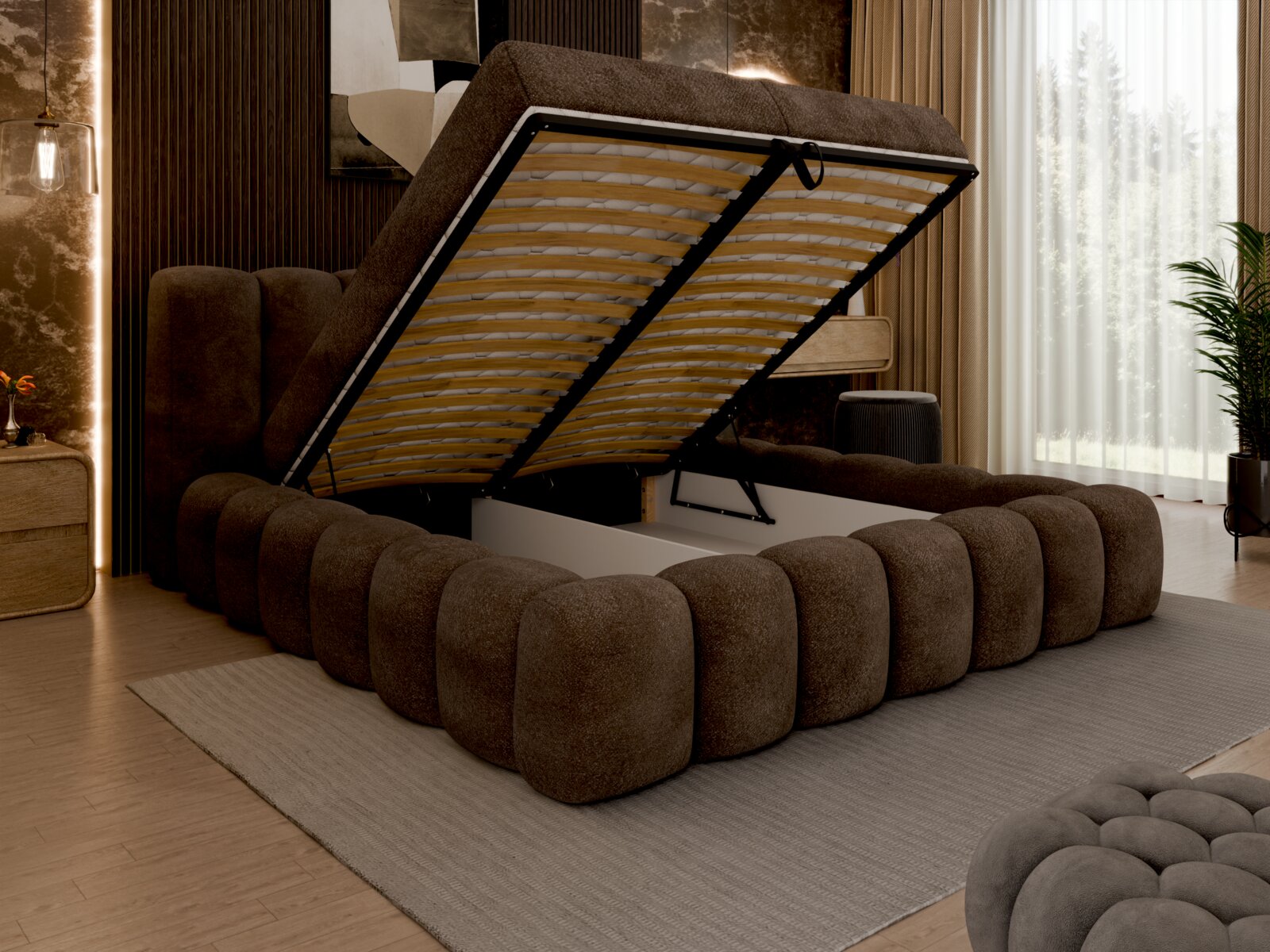 Een gestoffeerd bedframe in een moderne slaapkamer, gezien vanaf de zijkant, met een opklapbaar matras en opbergruimte eronder.