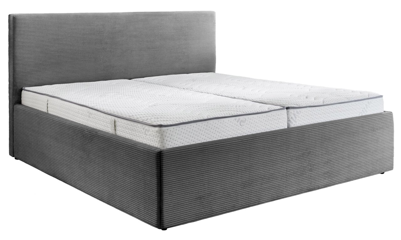 Graues Polsterbett 180x200 mit gestepptem Kopfteil, seitliche Perspektive