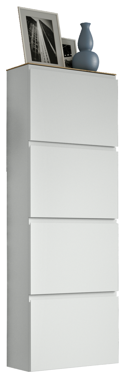 Hängeschuhschrank 4K-T22 in seitlicher Perspektive mit vier weißen Klappen, dekoriert mit blauer Vase und gerahmten Fotos auf der Oberseite.