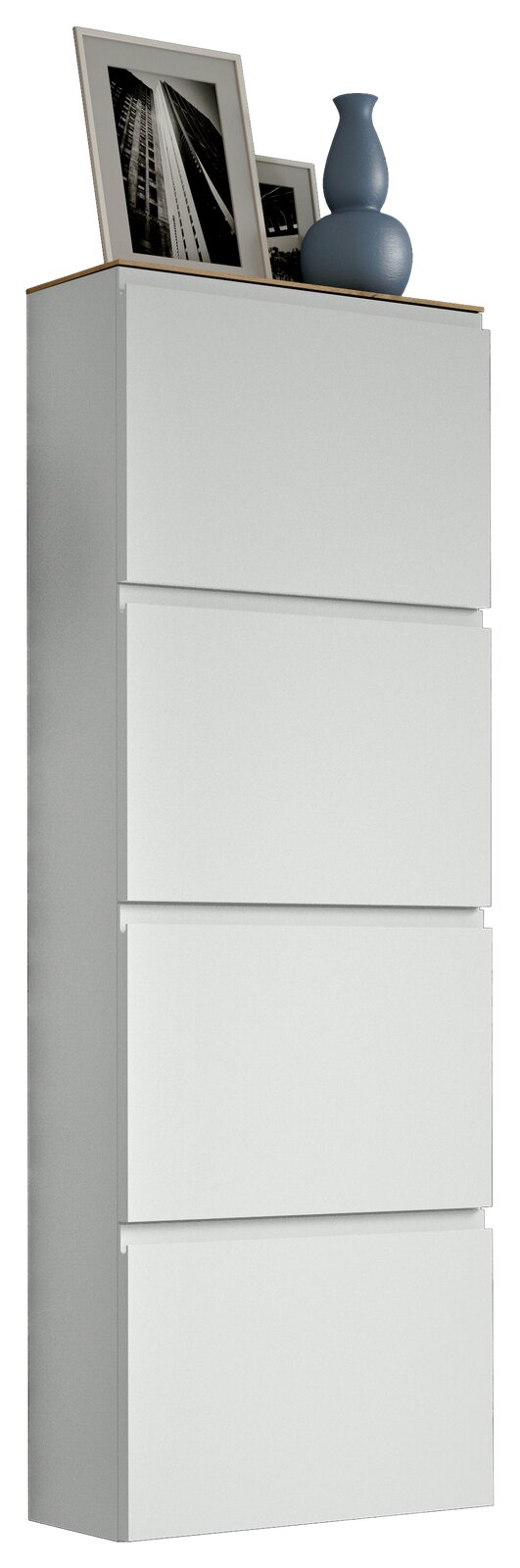 Hängeschuhschrank 4K-T22 in seitlicher Perspektive mit vier weißen Klappen, dekoriert mit blauer Vase und gerahmten Fotos auf der Oberseite.