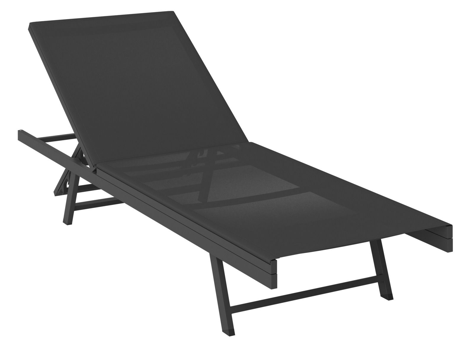 Schwarze Sonnenliege aus Metall in seitlicher Perspektive