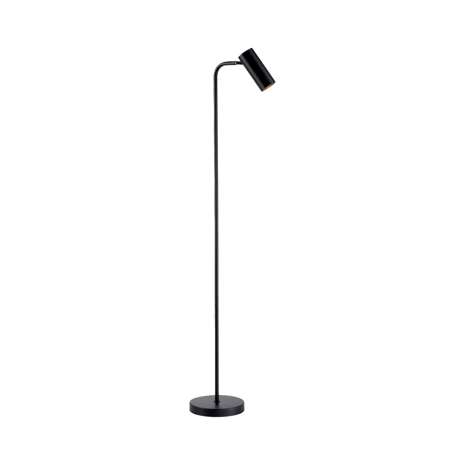 Schwarze, minimalistische Stehleuchte mit rundem Standfuß und zylindrischem Lampenkopf, freigestellt auf weißem Hintergrund, Frontansicht leicht seitlich