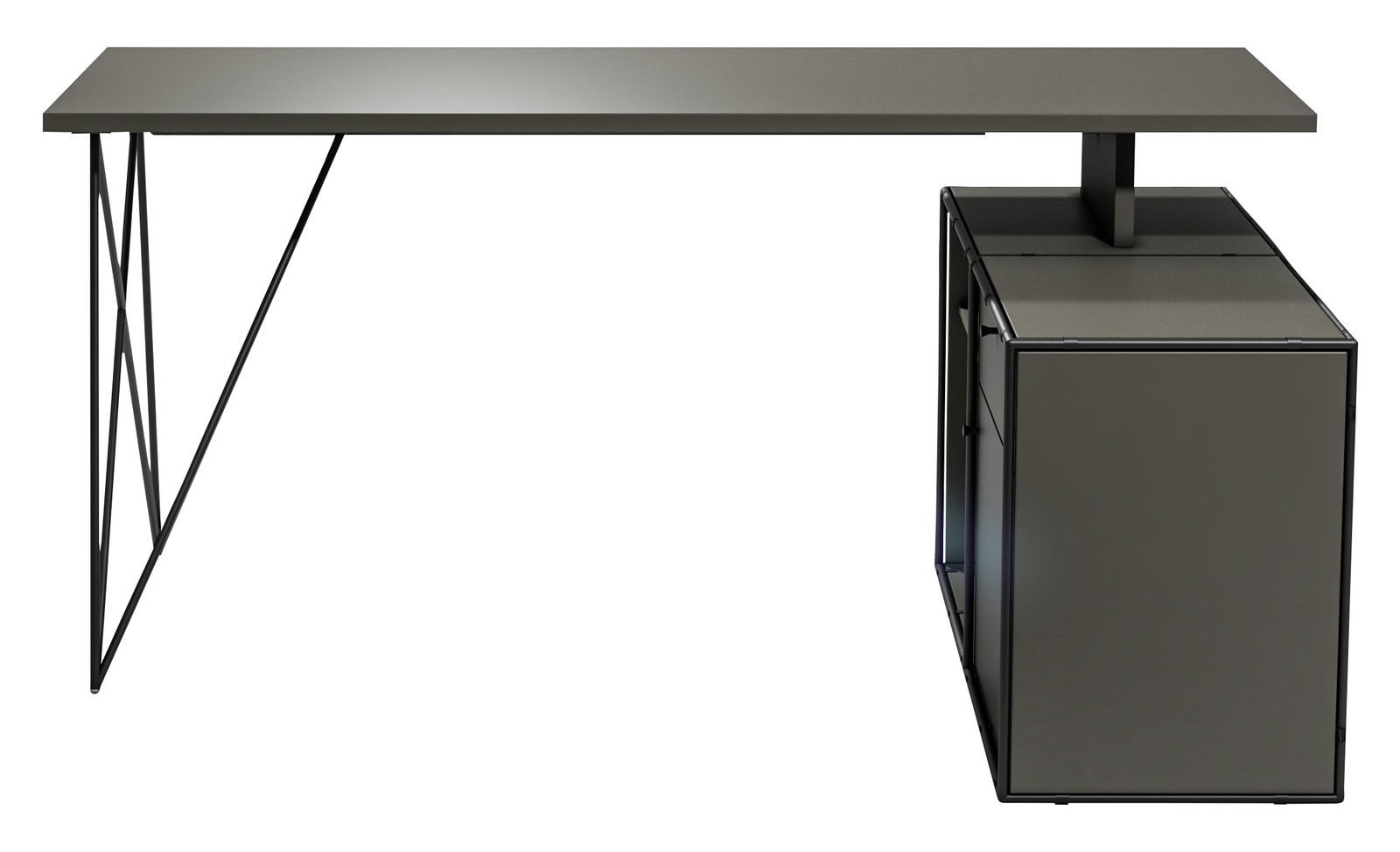 Moderner Winkelschreibtisch mit Kommode, seitliche Perspektive