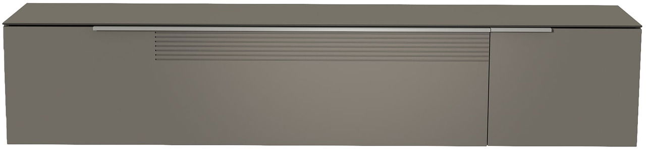 Frontansicht eines grauen XL Hänge-Lowboards mit modernem Design und horizontalen Linien auf der linken Tür.