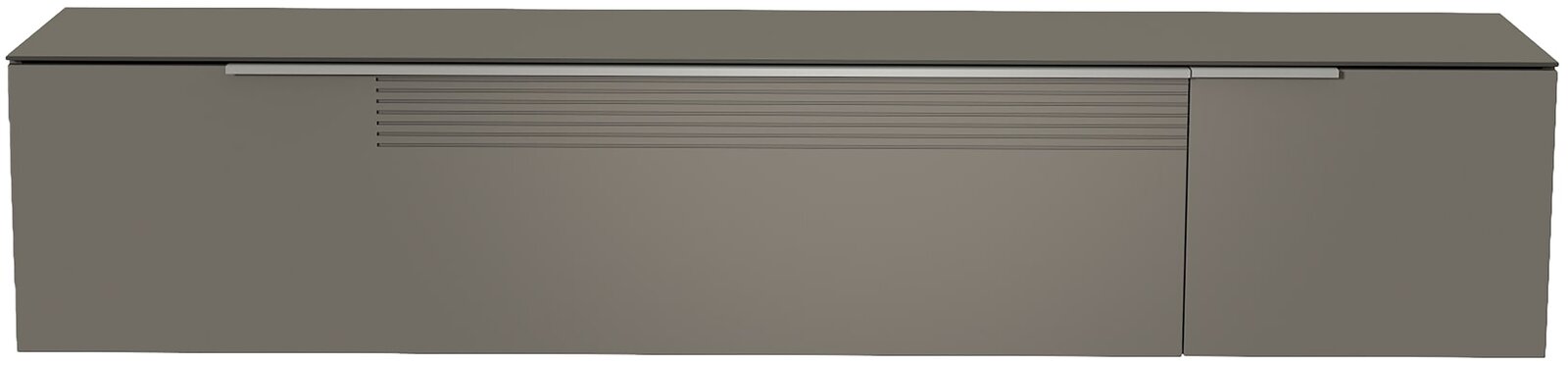 Frontansicht eines grauen XL Hänge-Lowboards mit modernem Design und horizontalen Linien auf der linken Tür.