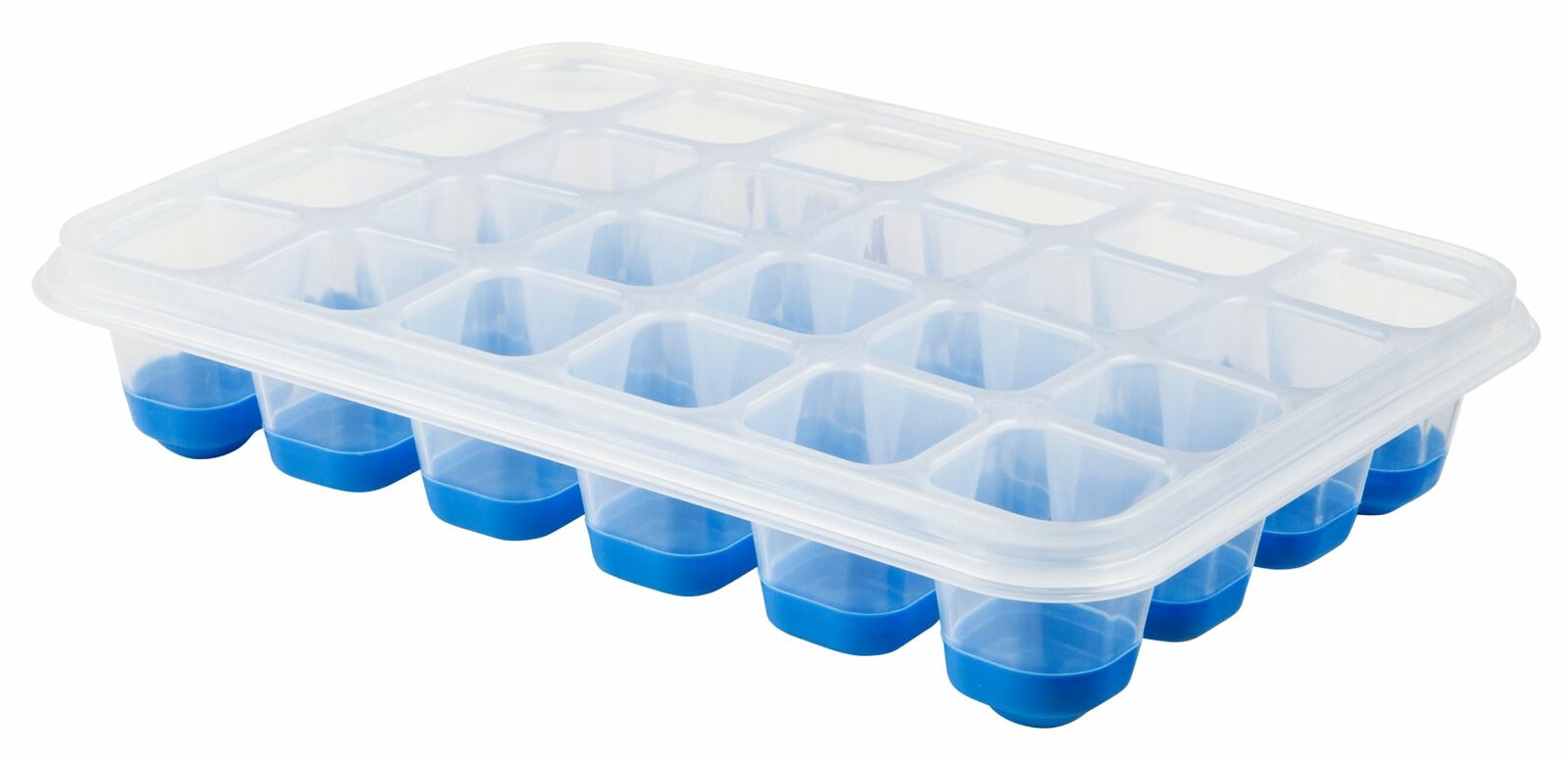 Eiswürfelbox Clip & Close aus transparentem Kunststoff mit blauem Boden, perspektivisch von oben fotografiert.