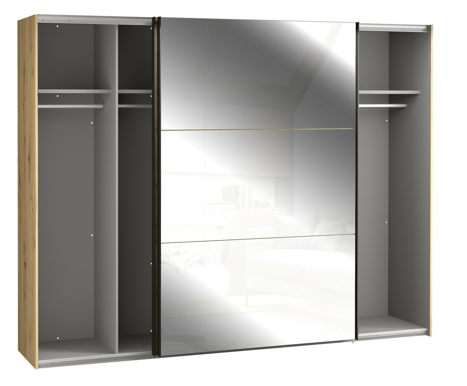Schwebetürenschrank mit Holzrahmen und verspiegelten Türen, offene Perspektive mit sichtbaren Innenfächern und Kleiderstangen.