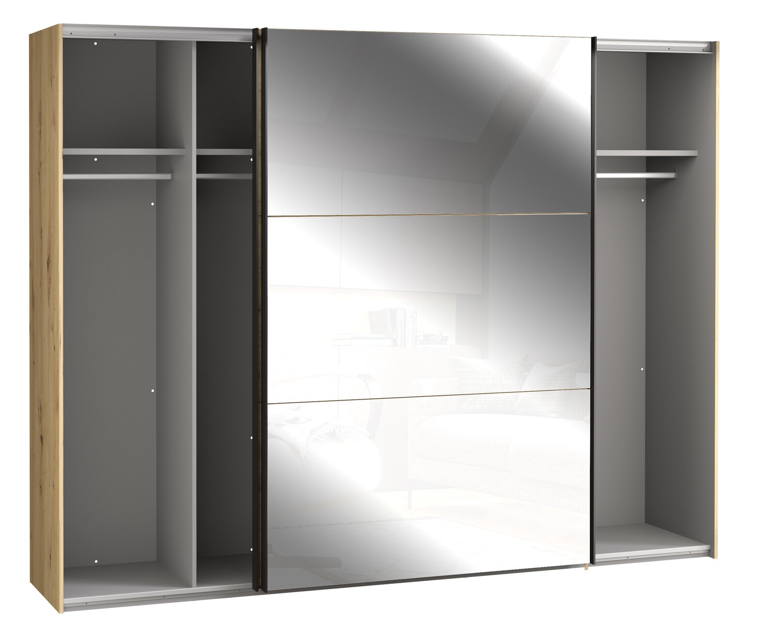 Schwebetürenschrank mit Holzrahmen und verspiegelten Türen, offene Perspektive mit sichtbaren Innenfächern und Kleiderstangen.
