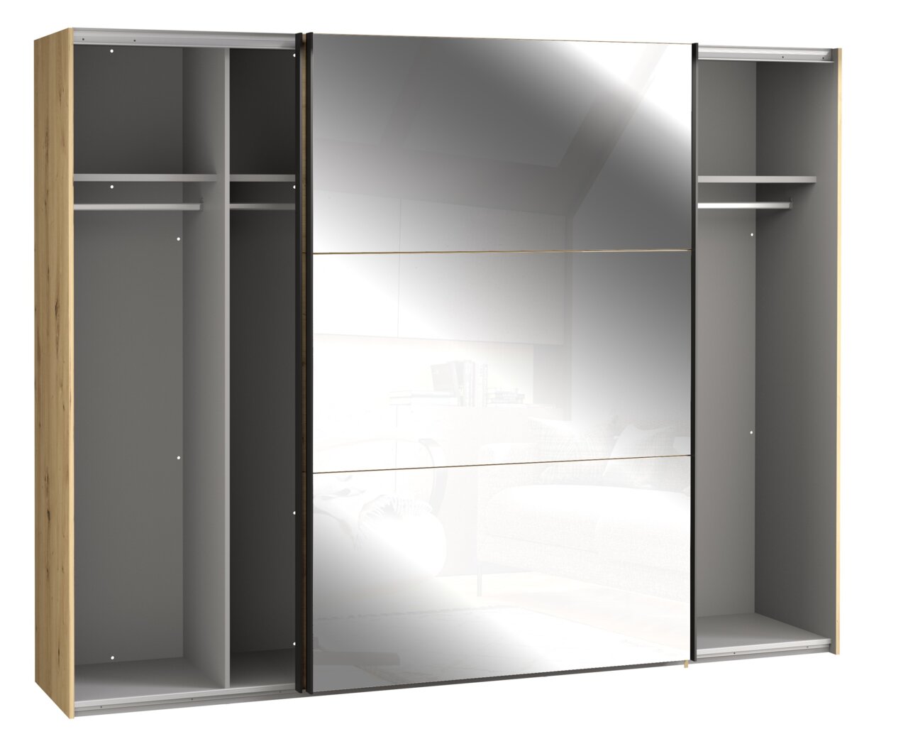 Schwebetürenschrank mit Holzrahmen und verspiegelten Türen, offene Perspektive mit sichtbaren Innenfächern und Kleiderstangen.