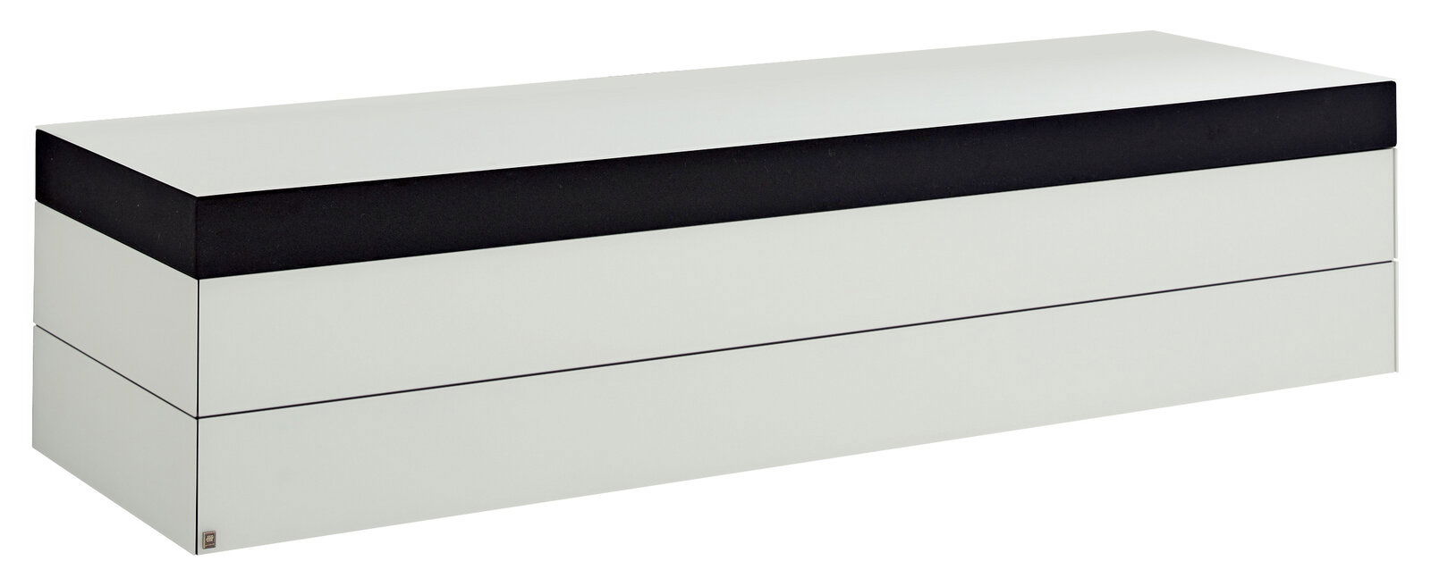 Modernes TV-Lowboard in Weiß mit schwarzem Akzent, seitliche Perspektive