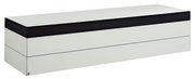 Modernes TV-Lowboard in Weiß mit schwarzem Akzent, seitliche Perspektive