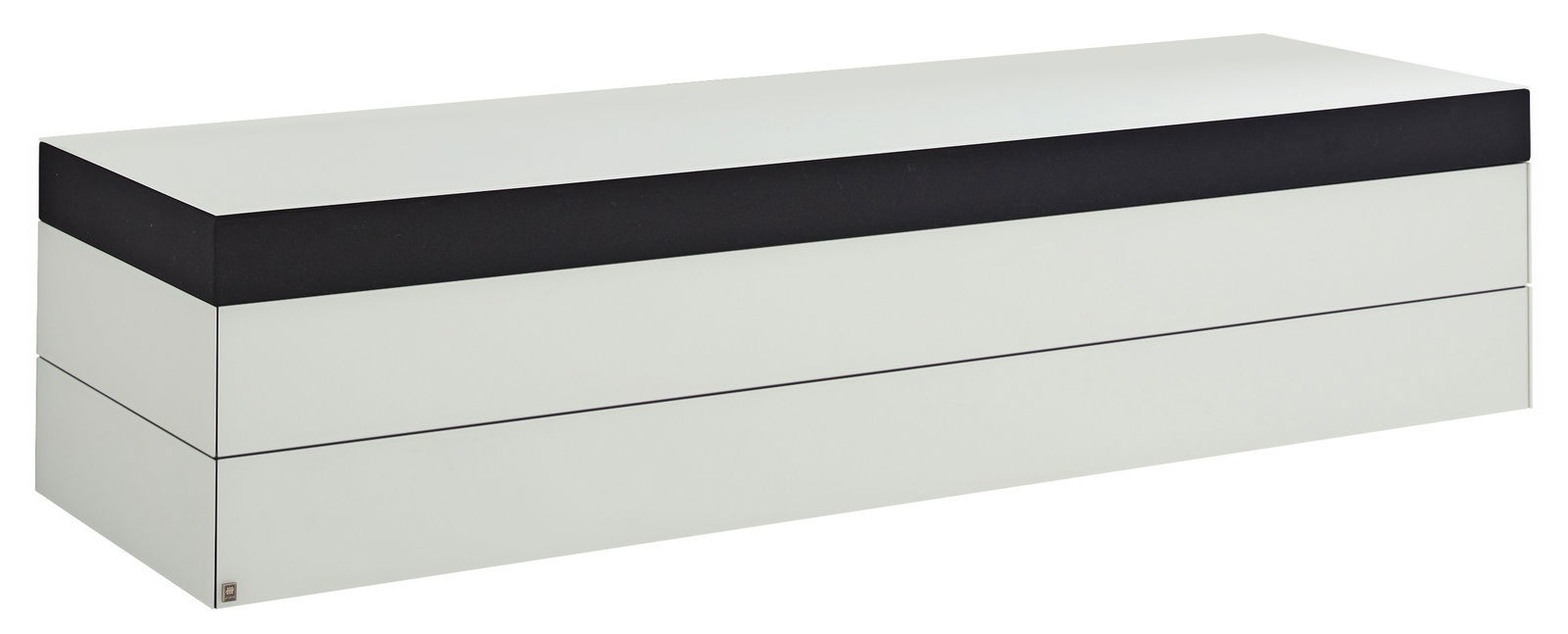 Modernes TV-Lowboard in Weiß mit schwarzem Akzent, seitliche Perspektive