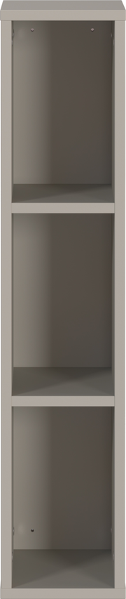 Frontale Ansicht eines grauen Unterstell- oder Wandregals mit drei offenen Fächern.