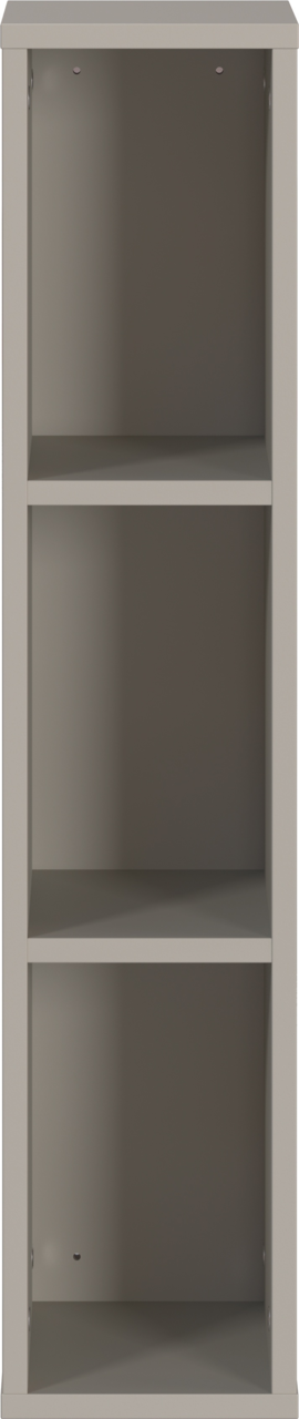 Frontale Ansicht eines grauen Unterstell- oder Wandregals mit drei offenen Fächern.