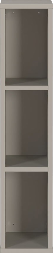 Frontale Ansicht eines grauen Unterstell- oder Wandregals mit drei offenen Fächern.