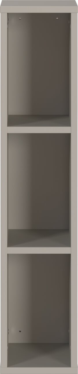 Frontale Ansicht eines grauen Unterstell- oder Wandregals mit drei offenen Fächern.