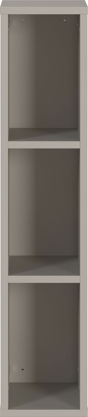 Frontale Ansicht eines grauen Unterstell- oder Wandregals mit drei offenen Fächern.